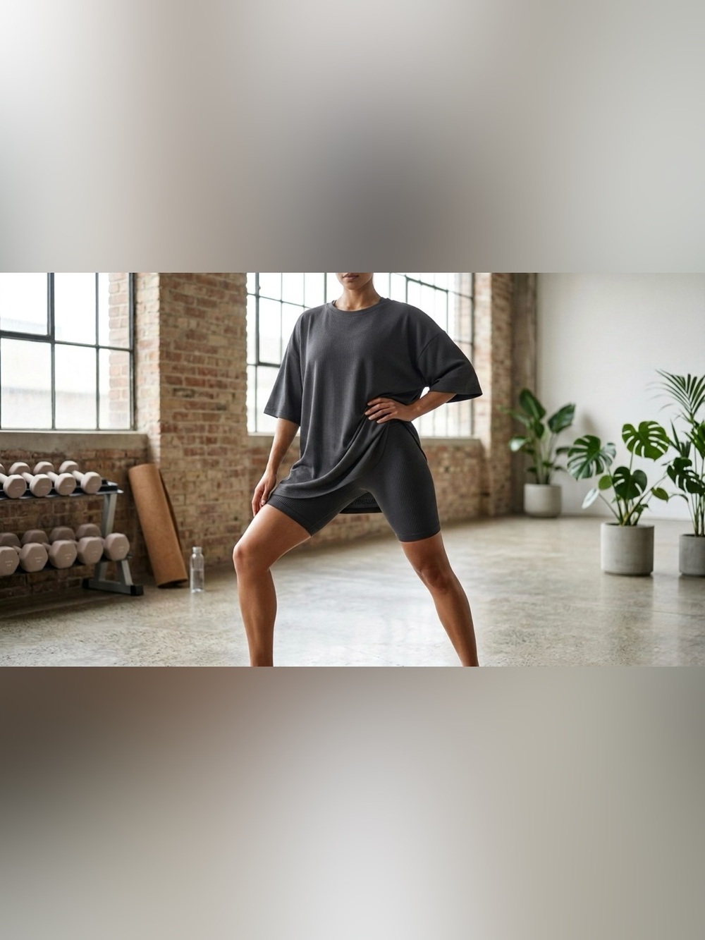 OQQ Gray Seamless Ribbed Bike Shorts High Waisted Yoga Gym Workout Size Medium